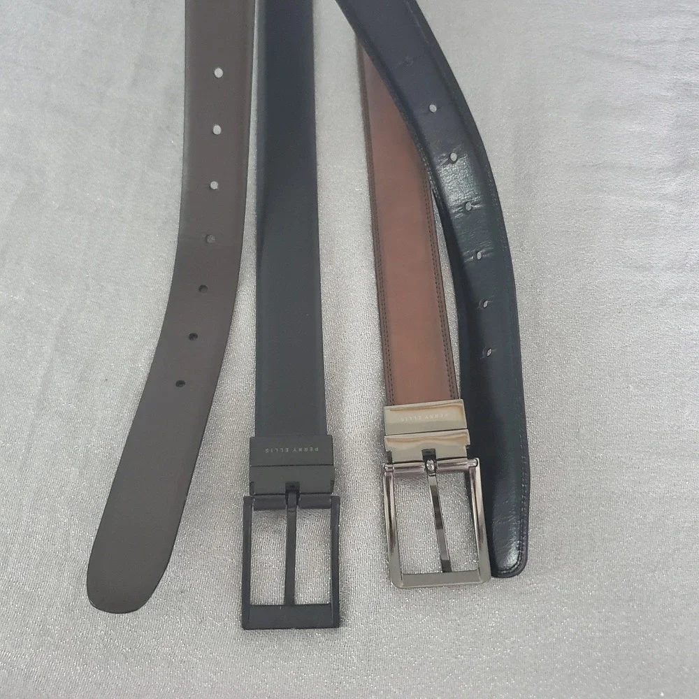 Perry Ellis Mens Leather Belt Set 2-Pack Black Brown Tan‎ Size 38/95